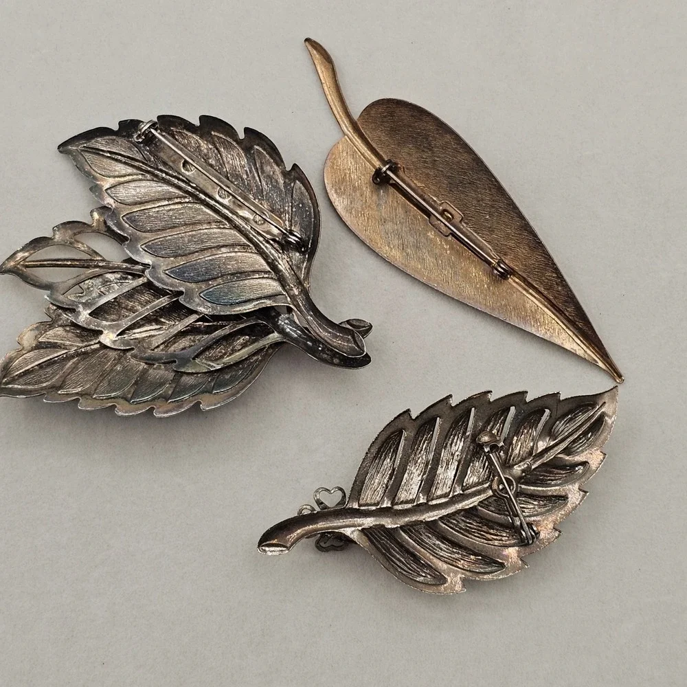 Vintage Leaf Brooch Pin Lot Statement Enamel Faux Pearl‎ Gold Silver Tone Nature
